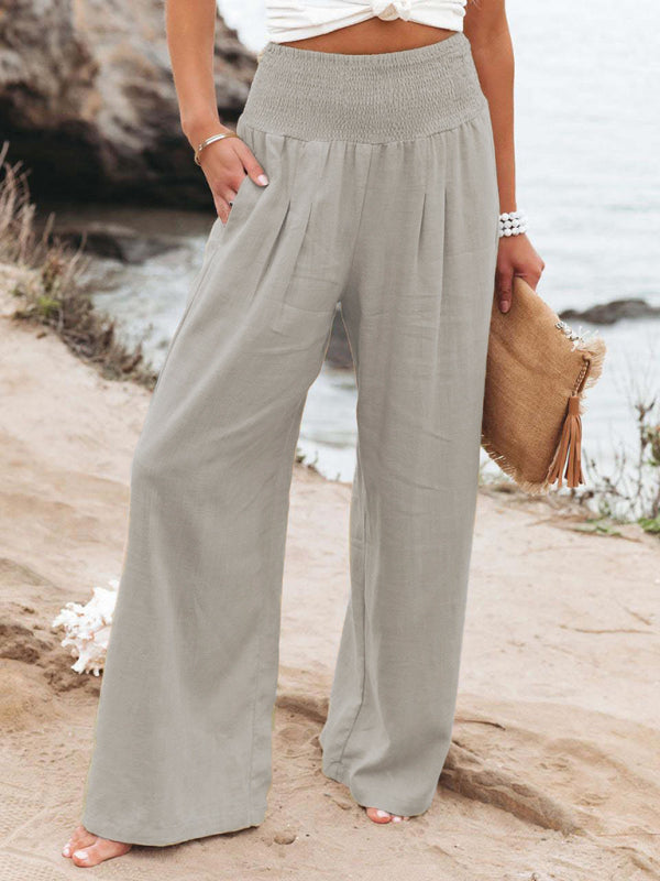 Smocked Cotton Wide-Leg Pants