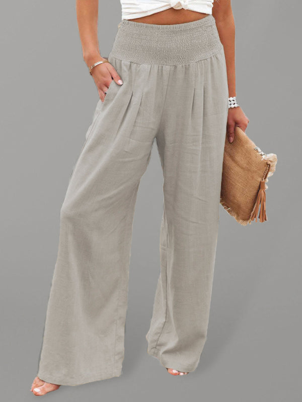 Smocked Cotton Wide-Leg Pants