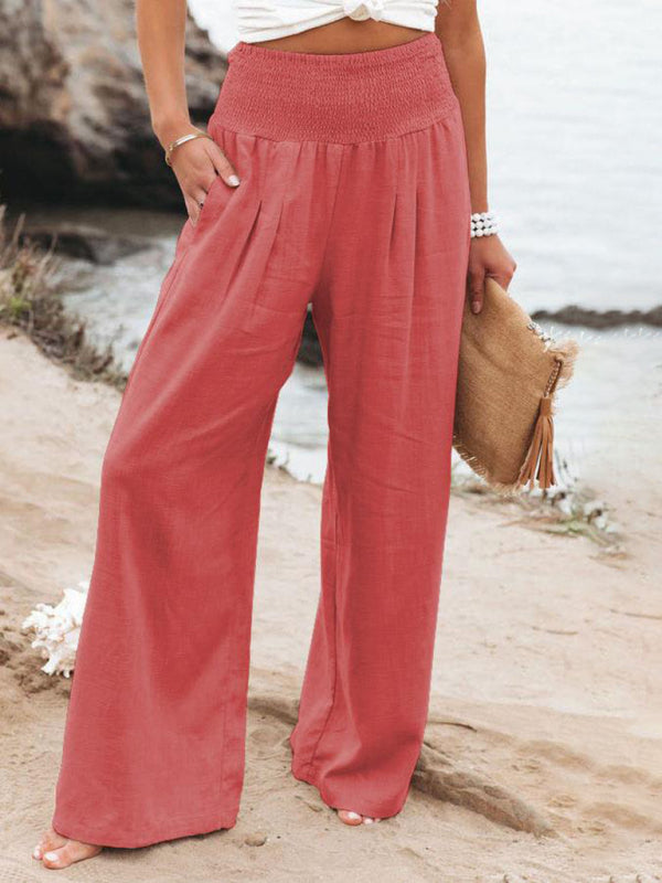 Smocked Cotton Wide-Leg Pants