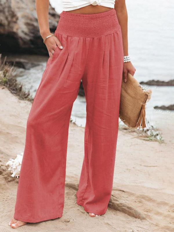 Smocked Cotton Wide-Leg Pants