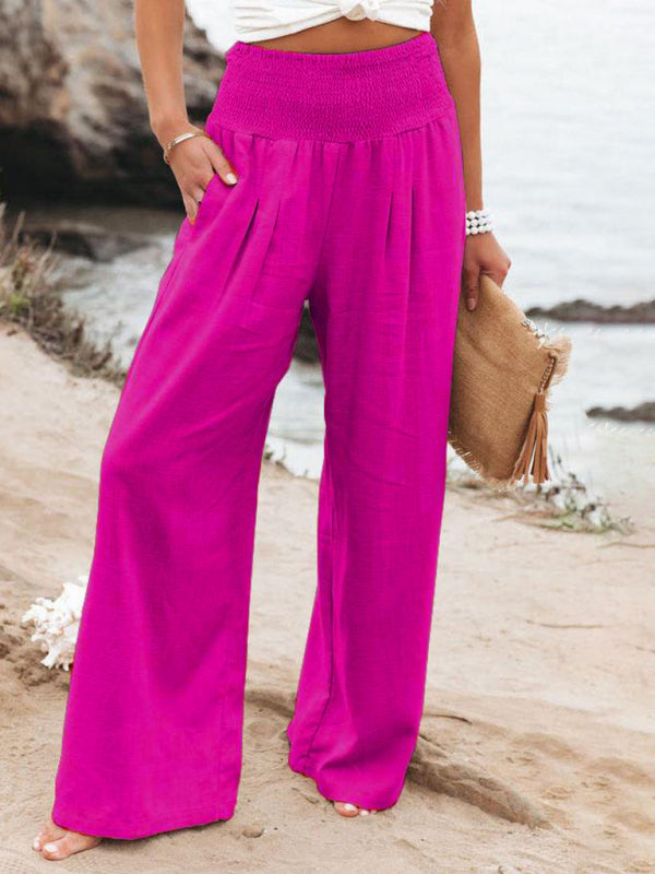 Smocked Cotton Wide-Leg Pants