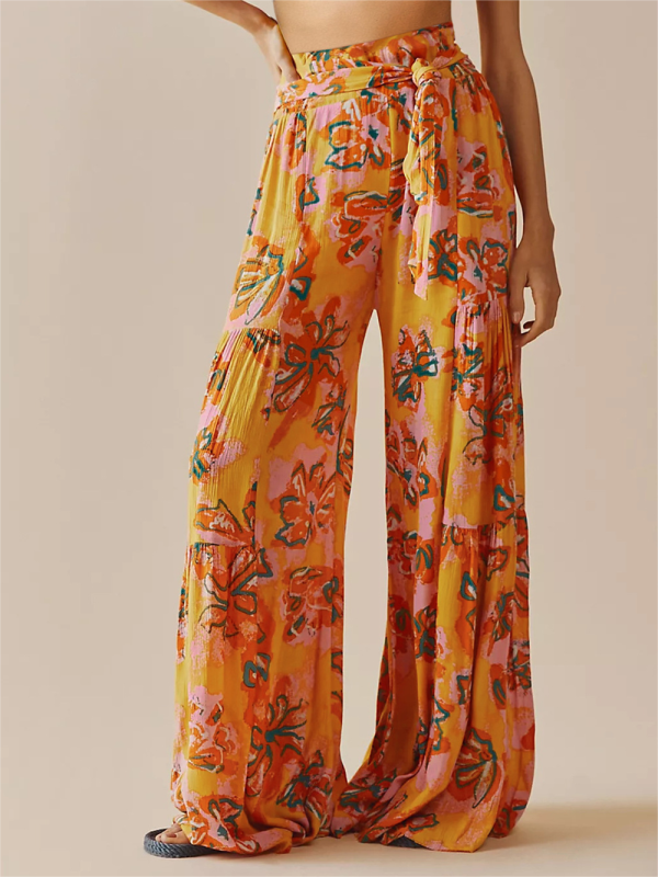 Printed Smocked-Waist Pants