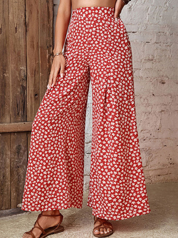 Floral Pleat Wide-Leg Pants