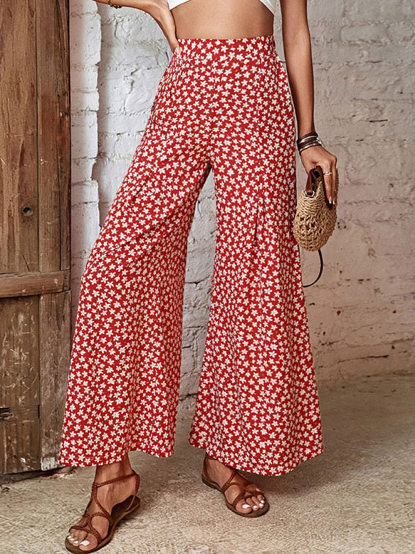 Floral Pleat Wide-Leg Pants