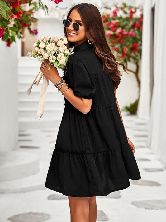 Puff Sleeve Button Front Midi Dress
