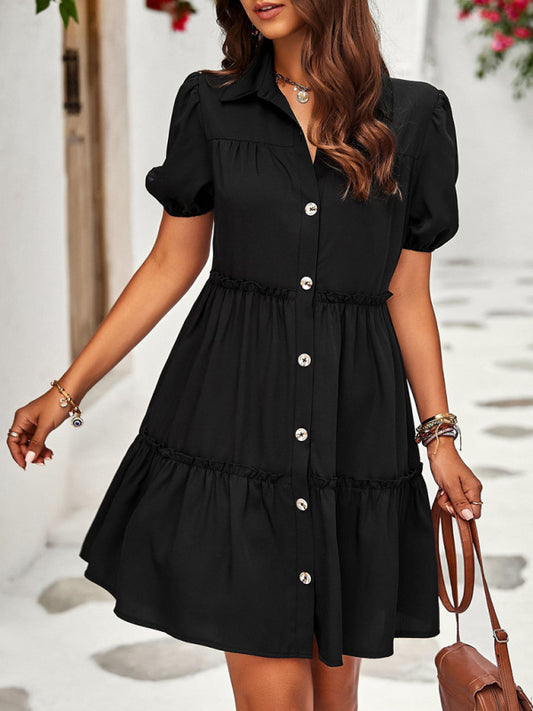 Puff Sleeve Button Front Midi Dress
