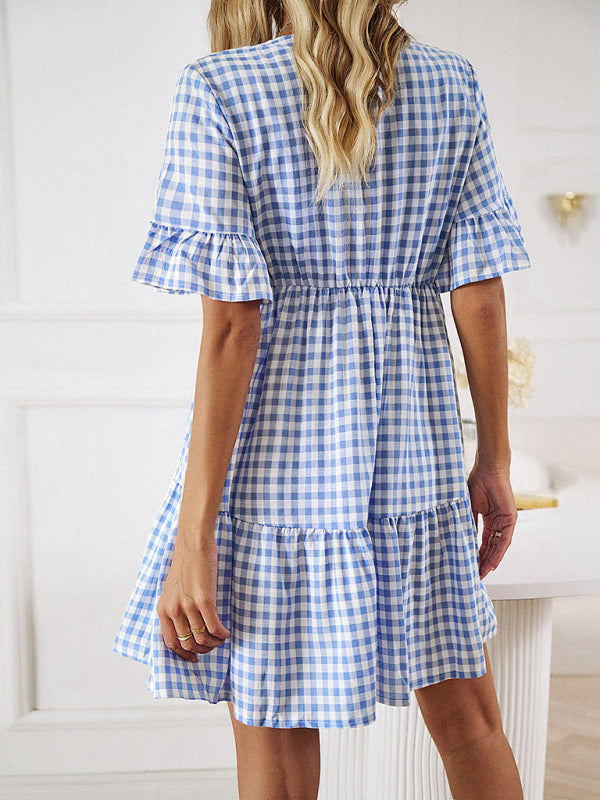 Tassel Tie V-Neck Plaid Dress