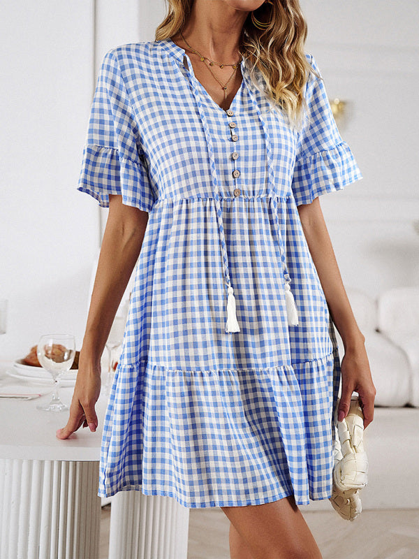 Tassel Tie V-Neck Plaid Dress