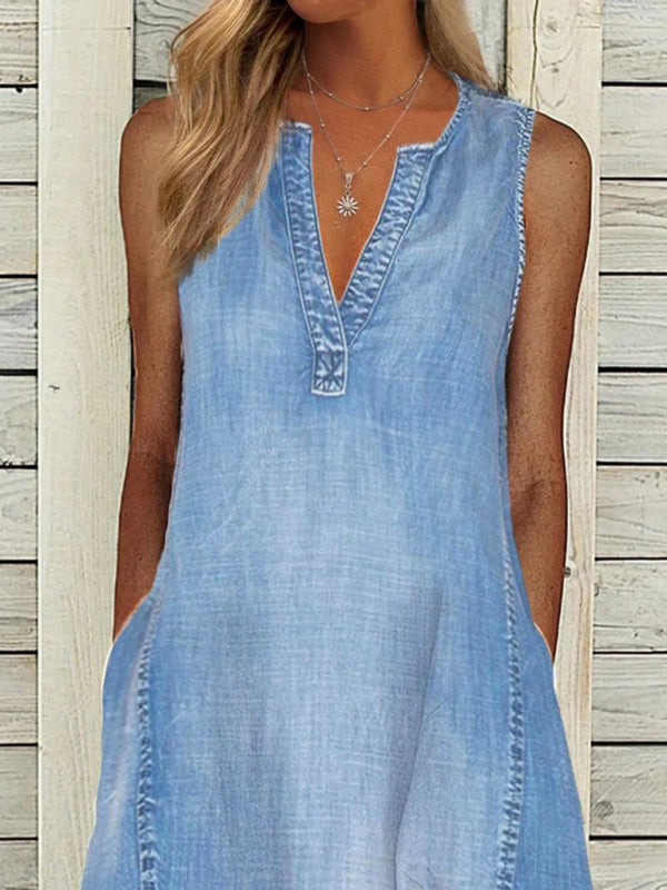 Denim V-Neck Mini Dress