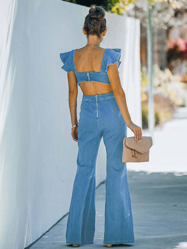 Denim Ruffle Flared Jumpsuit