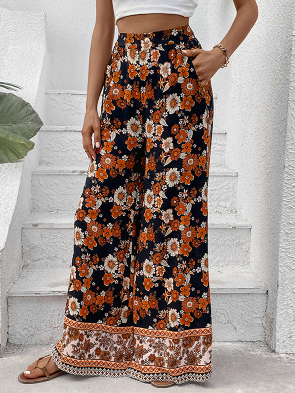 Printed Pull-On Wide-Leg Pants