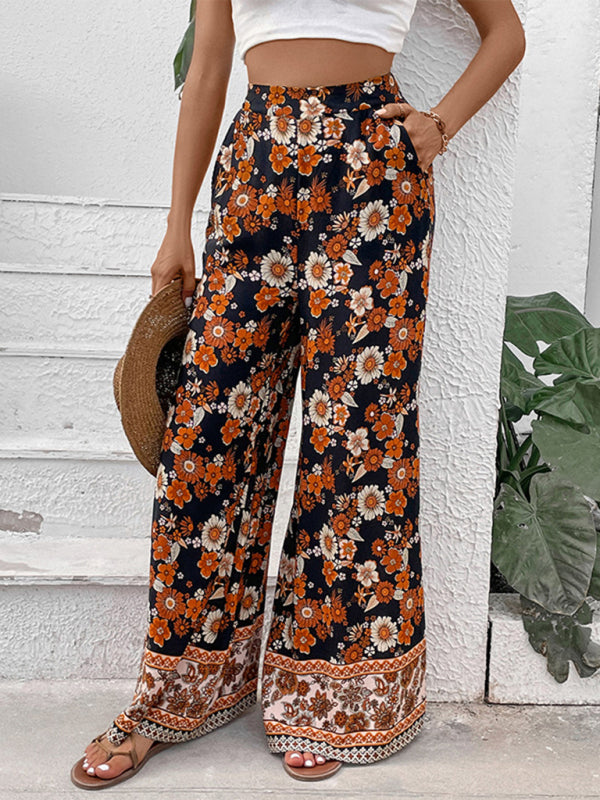 Printed Pull-On Wide-Leg Pants