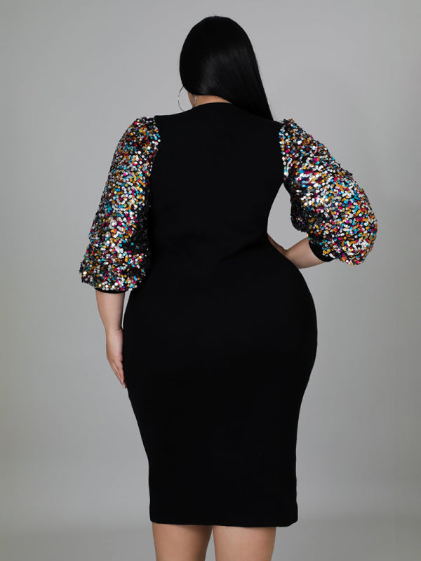 Plus Size Sequin Puff Sleeve Dress