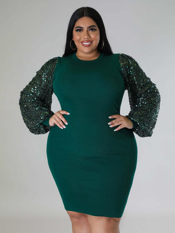 Plus Size Sequin Puff Sleeve Dress