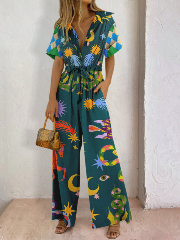 Printed Drawstring V-Neck Jumpsuit