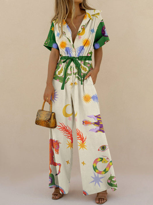 Printed Drawstring V-Neck Jumpsuit