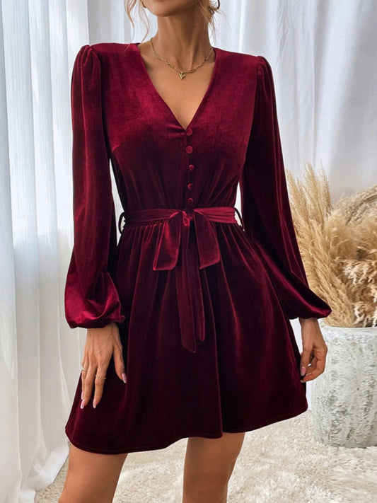 Button-Trim Velvet Dress