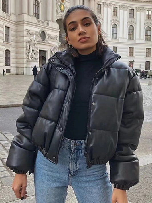 Faux-Leather Puffer Coat