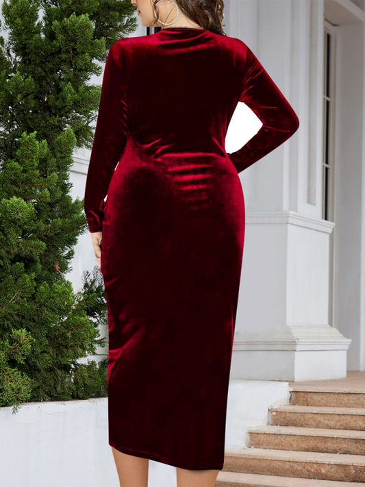 Velvet V-Neck Drape Dress