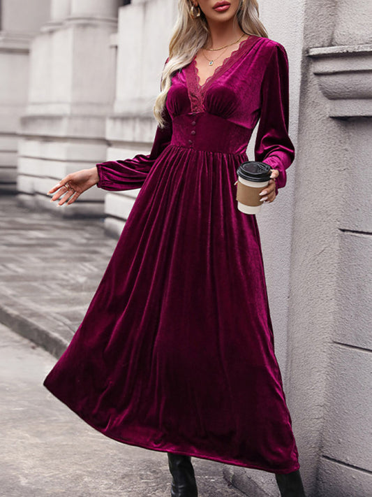 Lace-Trim Velvet Midi Dress