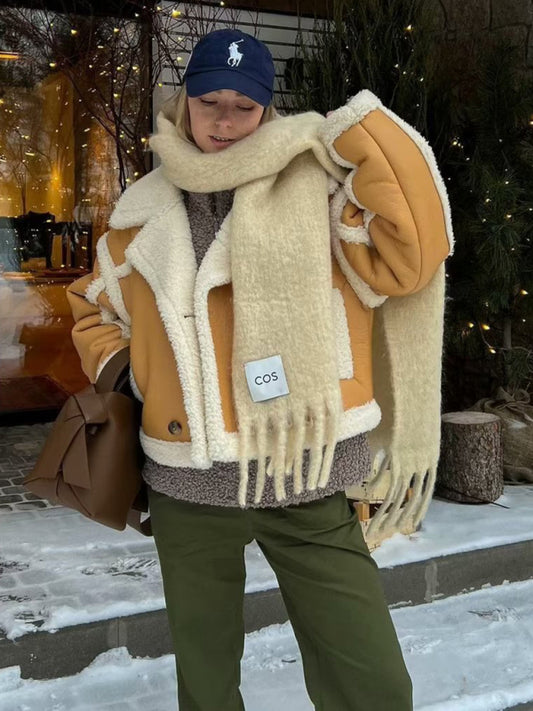 Shearling Patch Wool Coat
