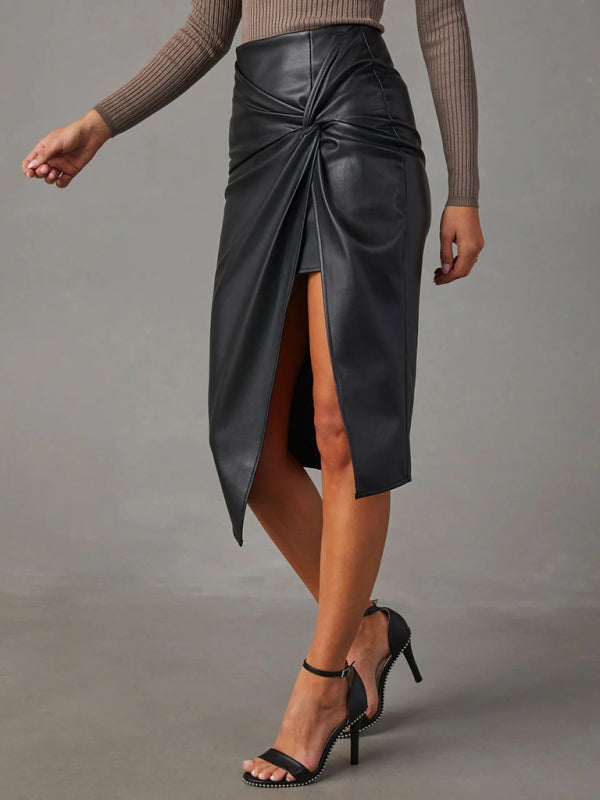 Front Twist Faux Leather Skirt