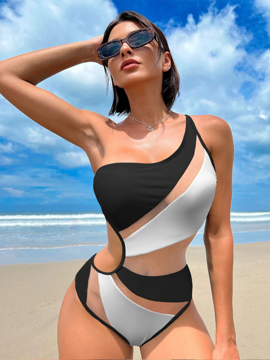 One-Shoulder Mesh Cutout Swimsuit