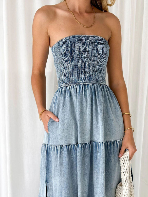 Smocked Tiered Denim Dress