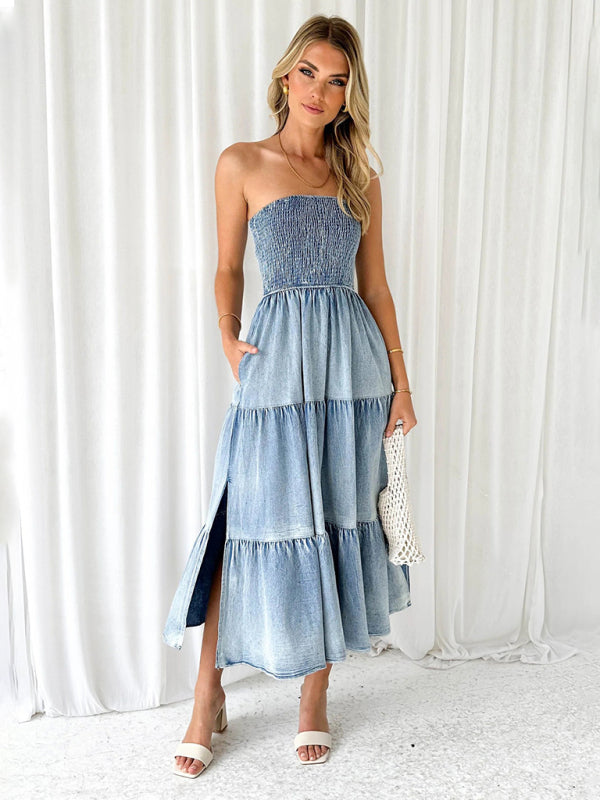 Smocked Tiered Denim Dress