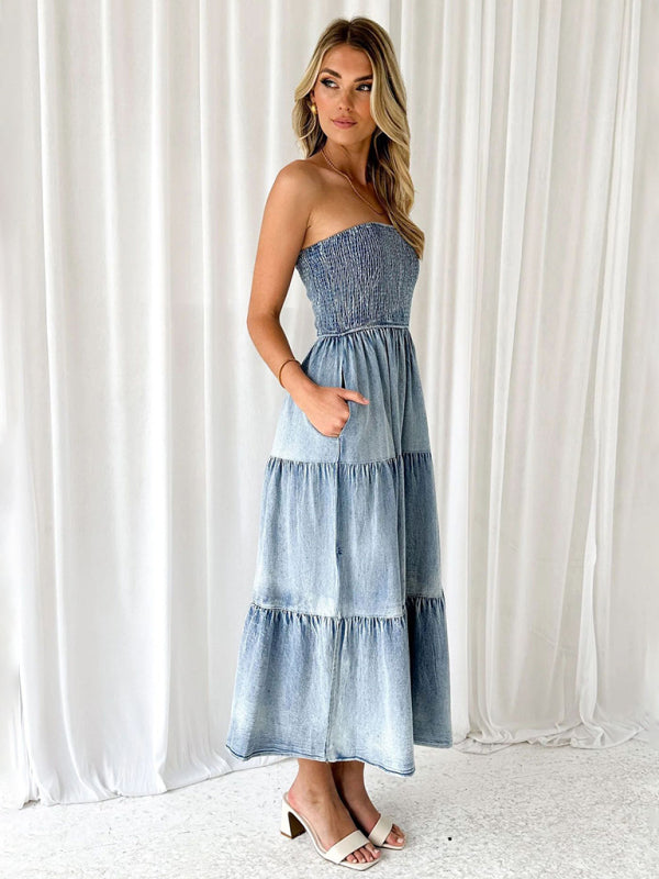 Smocked Tiered Denim Dress