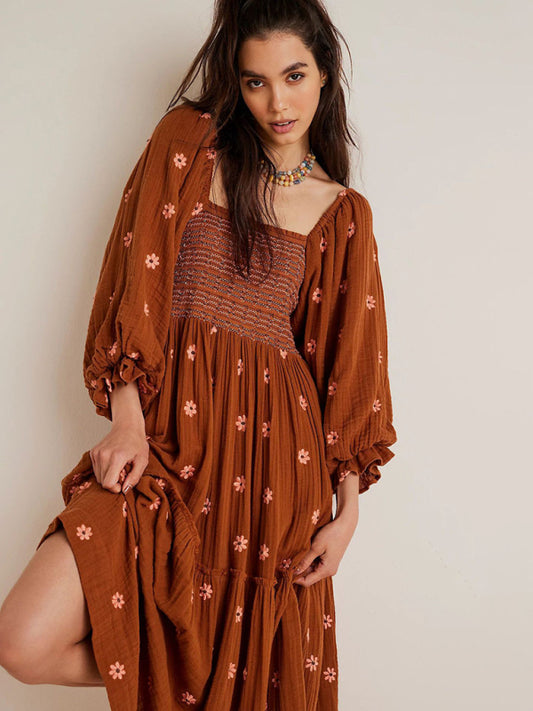 Embroidered Sunflower Brown Dress