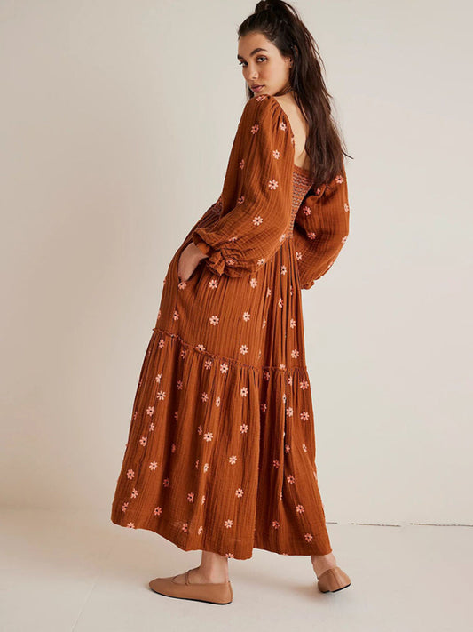 Embroidered Sunflower Brown Dress