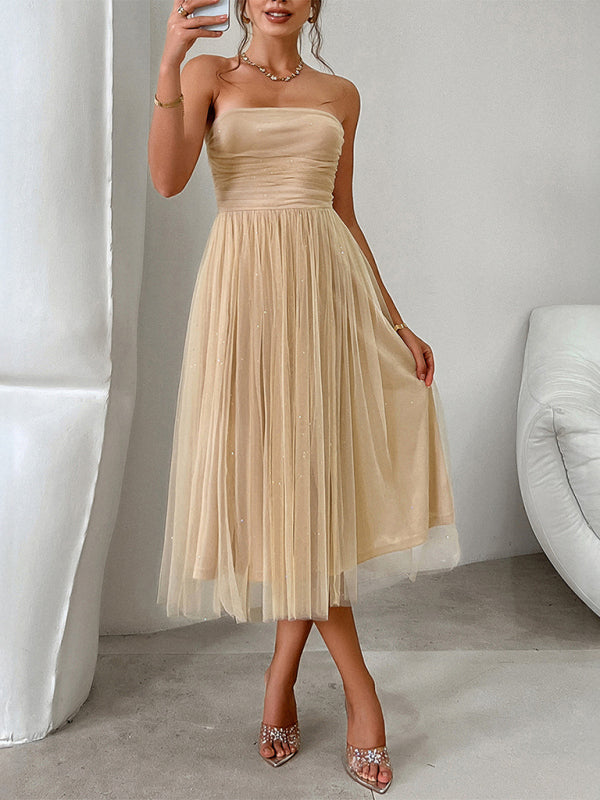 Strapless Mesh Midi Dress