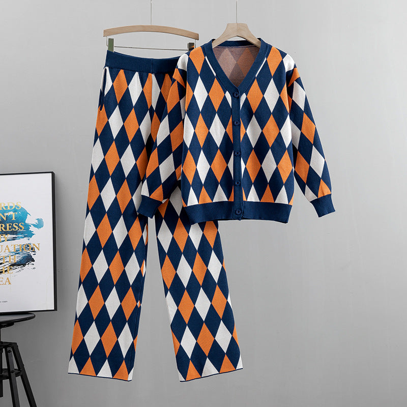 Checkered Cardigan Pants Set