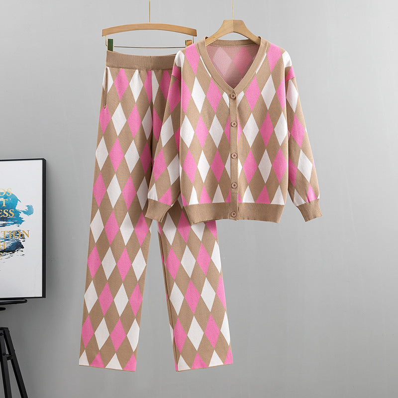 Checkered Cardigan Pants Set