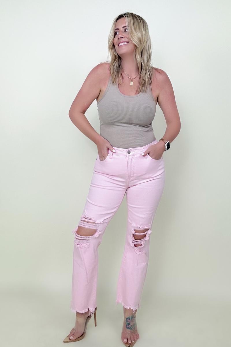 Pink 90's Vintage-like Cropped Flare Jeans