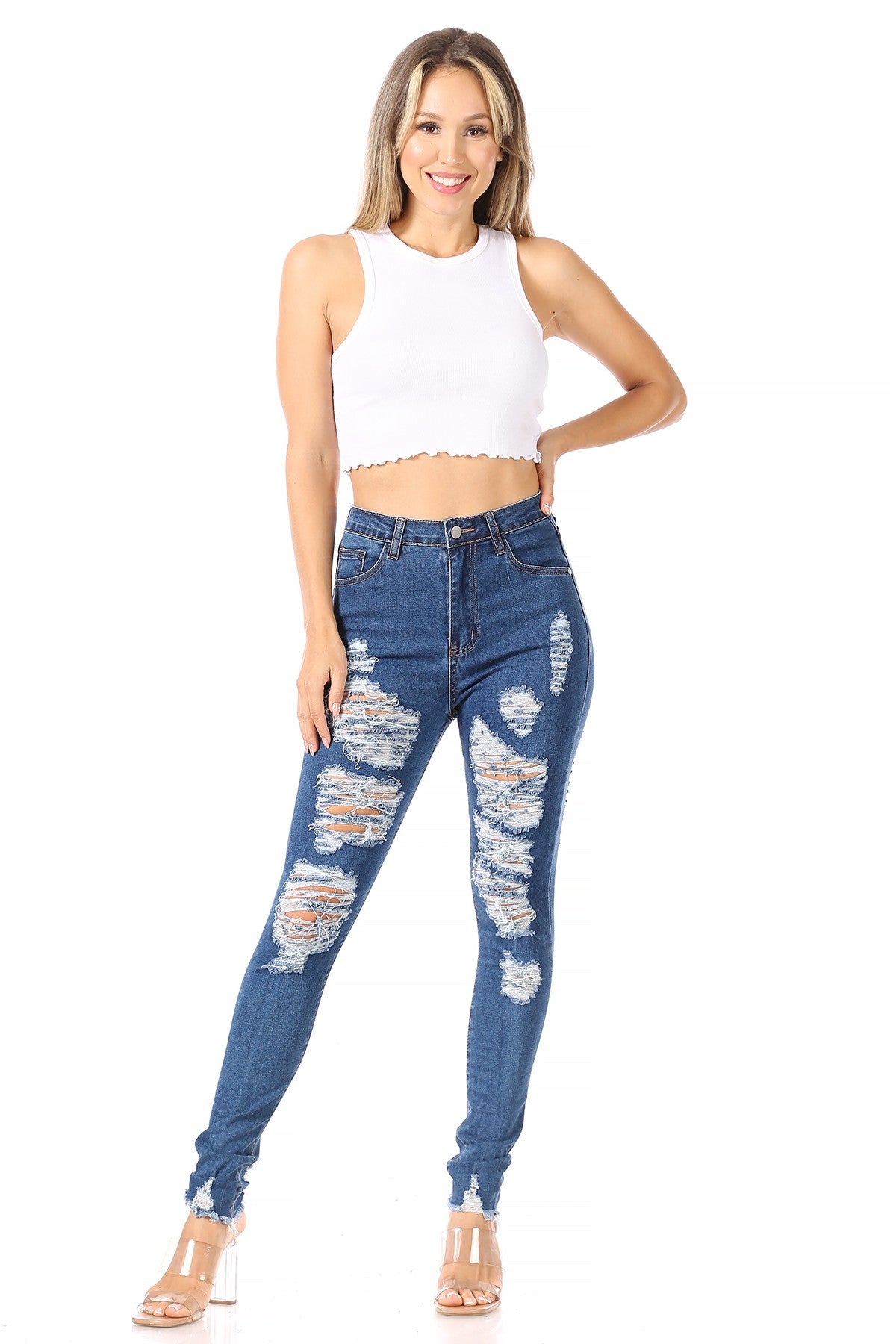 High-Rise Distress Jeans
